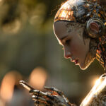 A futuristic humanoid robot using a smartphone, symbolizing AI’s role in modern dating and relationships.