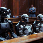 Humanoid robots seated in a courtroom jury box, symbolizing regulation of AI companions in California and New York