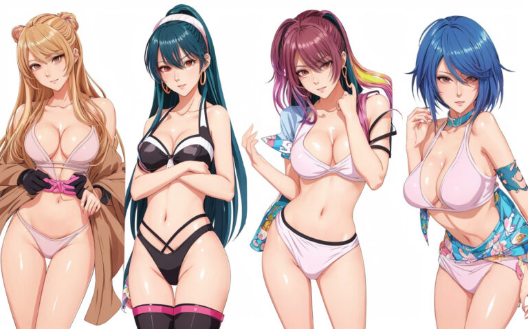 Anime-style AI waifus in bikinis representing xAI’s adult-themed chatbot companions Ani and Rudi.